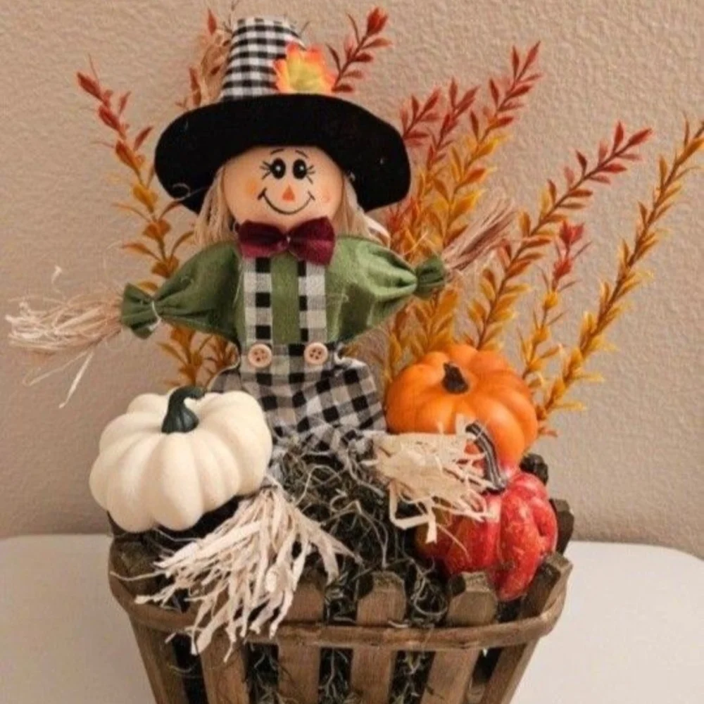 Autumn Harvest Scarecrow Basket with Pumpkins